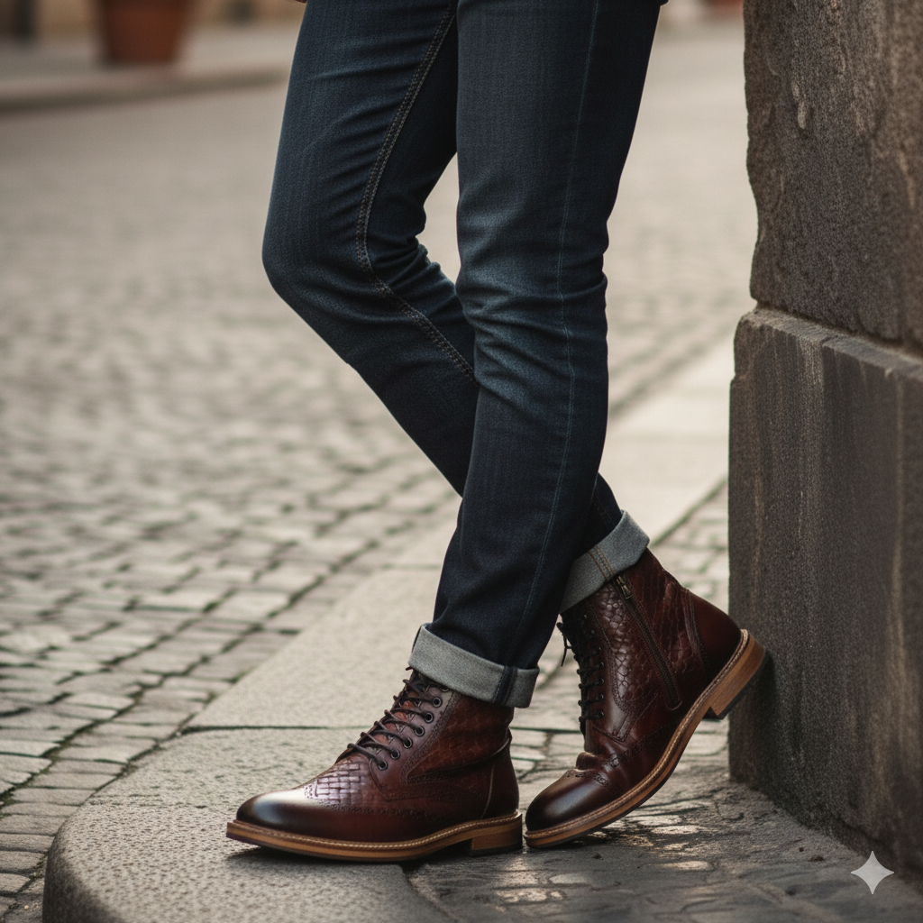 Wine Leather Wingtip Brogue Lace Up Men Boot with Zipper