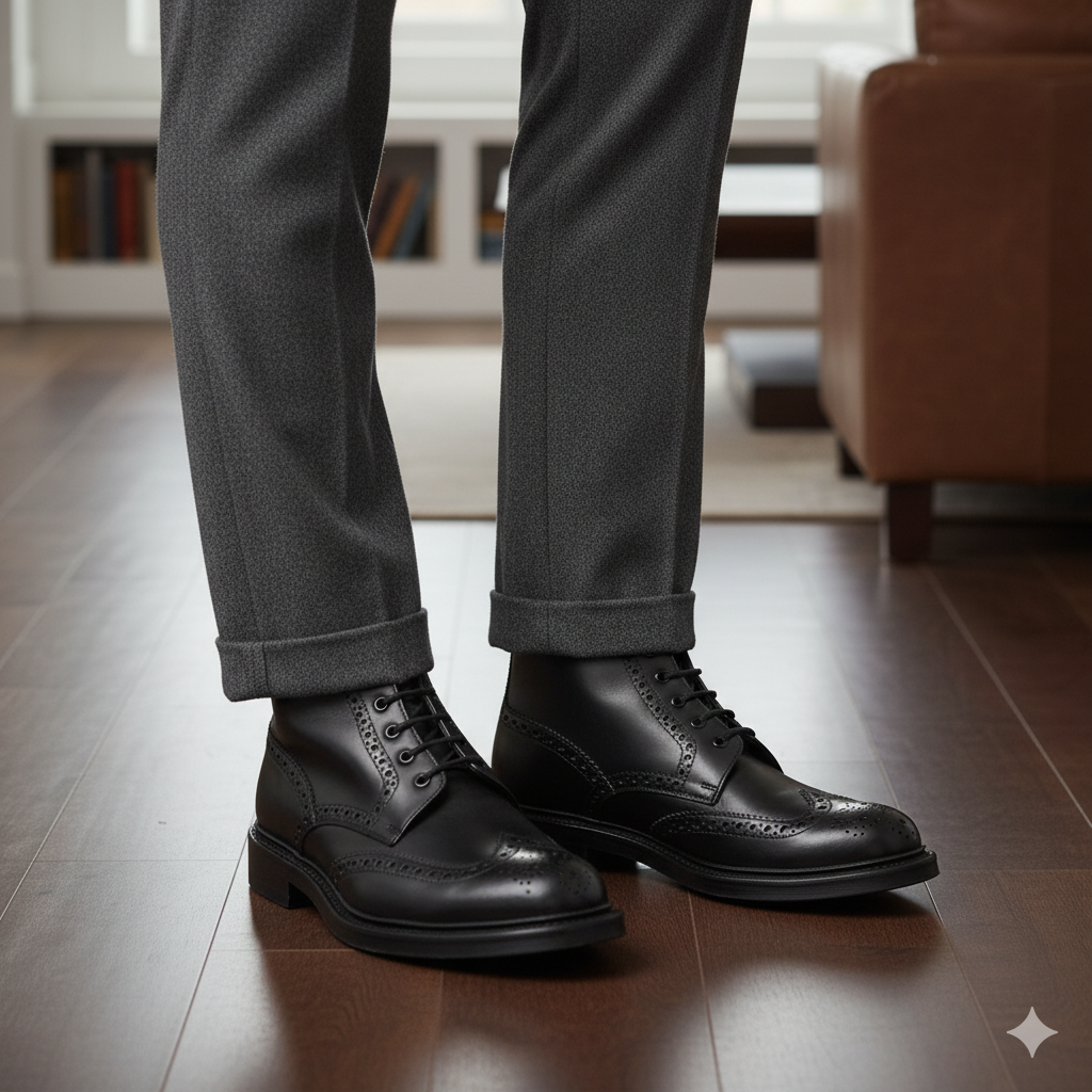 Leather Lace Up Wingtip High Ankle Black Boot