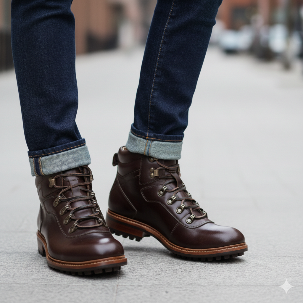 Leather Lace-Up Mid Top Ankle Brown Boot For Men