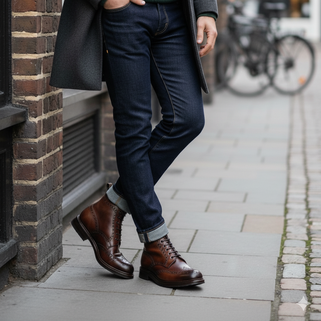 Leather Lace Up Wingtip High Ankle Brown Boot
