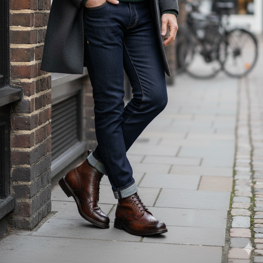 Leather Lace Up Wingtip High Ankle Brown Boot