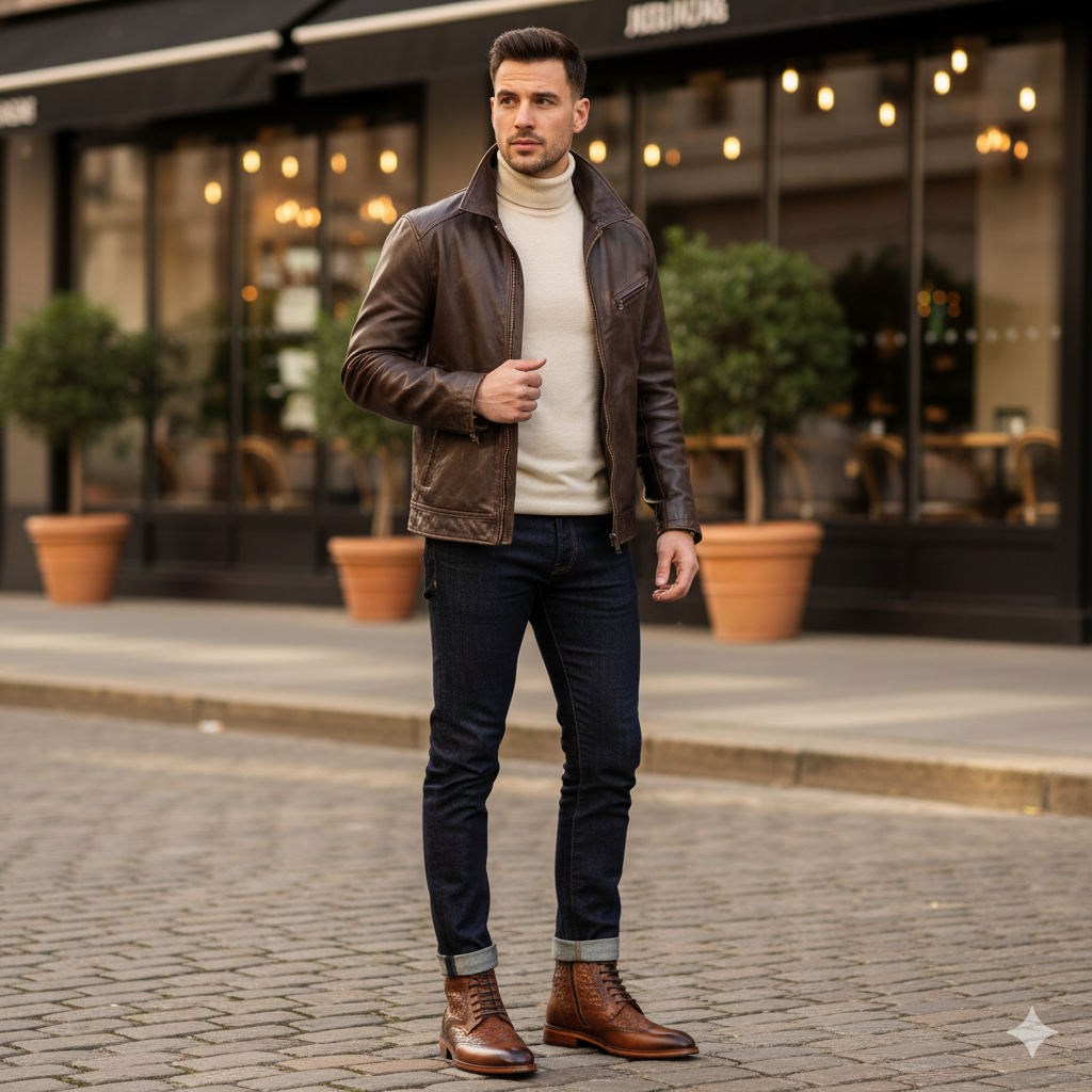 Brown Leather Wingtip Brogue Lace-Up Men Boot with Zipper