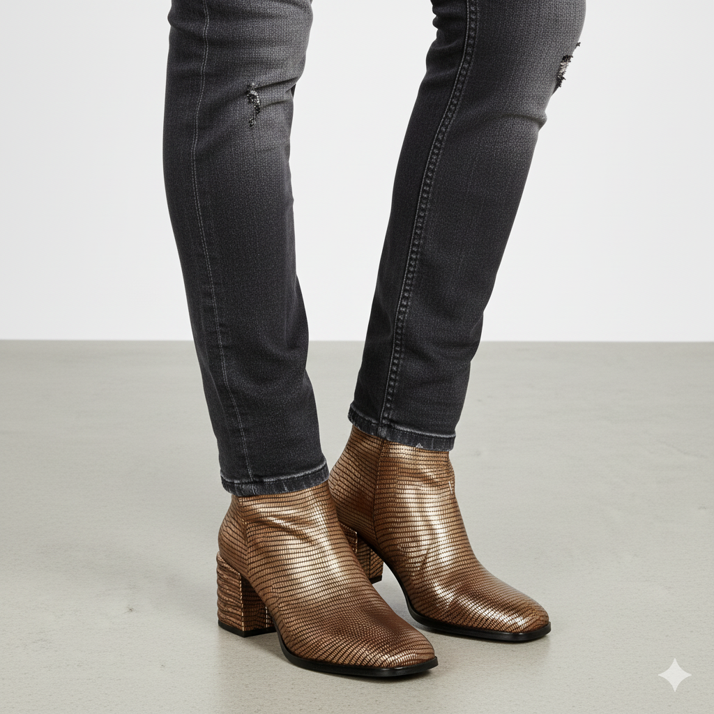 Platin Metallic Lizard Print Leather High Ankle Boot