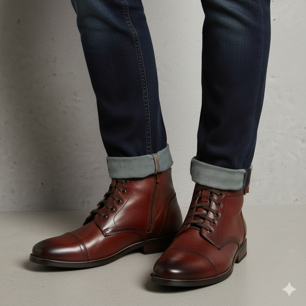 Men Solid High Buckle Leather Ankle Brown Boot