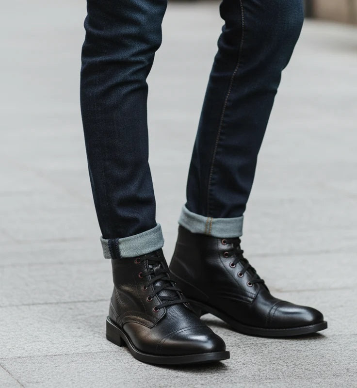 Men Lace Up Leather Casual High Ankle Boot Black