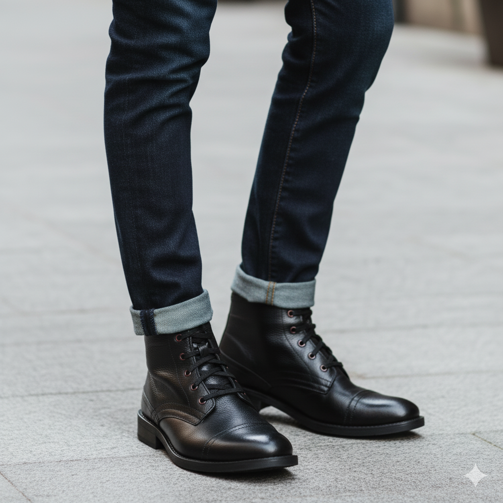 Men Lace-Up Leather Casual High Ankle Boot Black