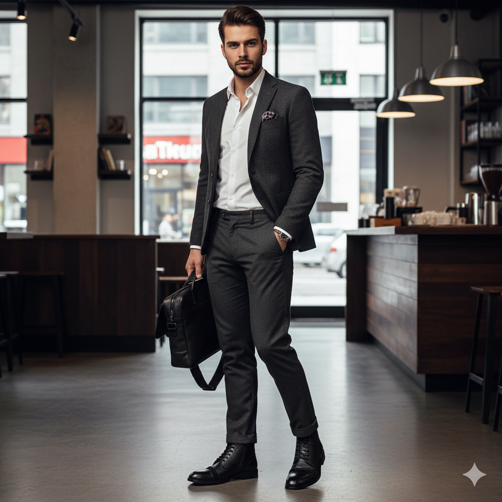 Black Leather & Suede Brogue Lace-Up Men Boot