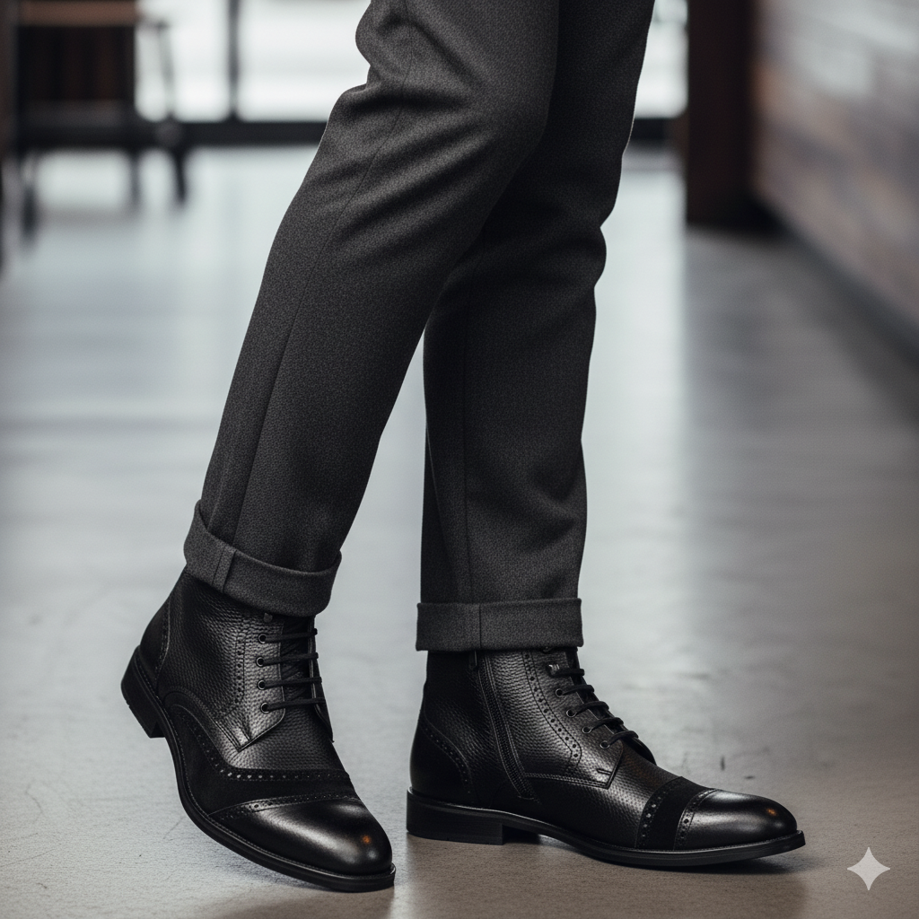 Black Leather and Suede Brogue Lace Up Men Boot
