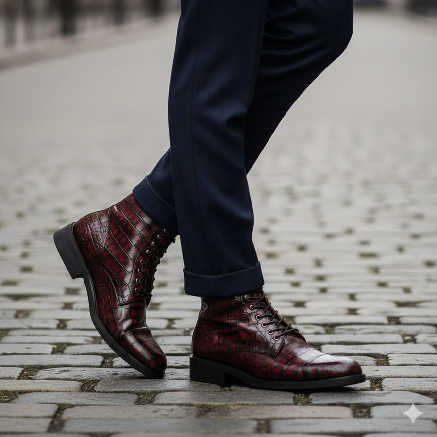 Croco Leather Lace Up High Ankle Boot Burgundy