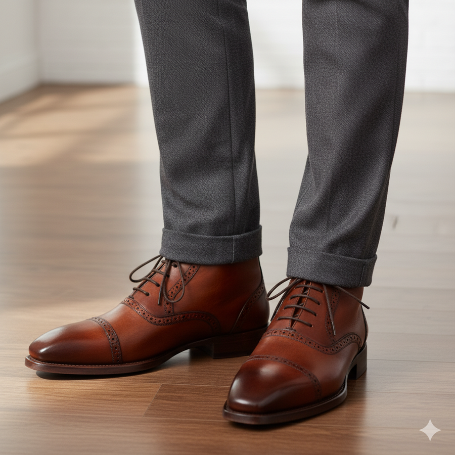 Men Antique Cap Toe Leather Ankle Boots