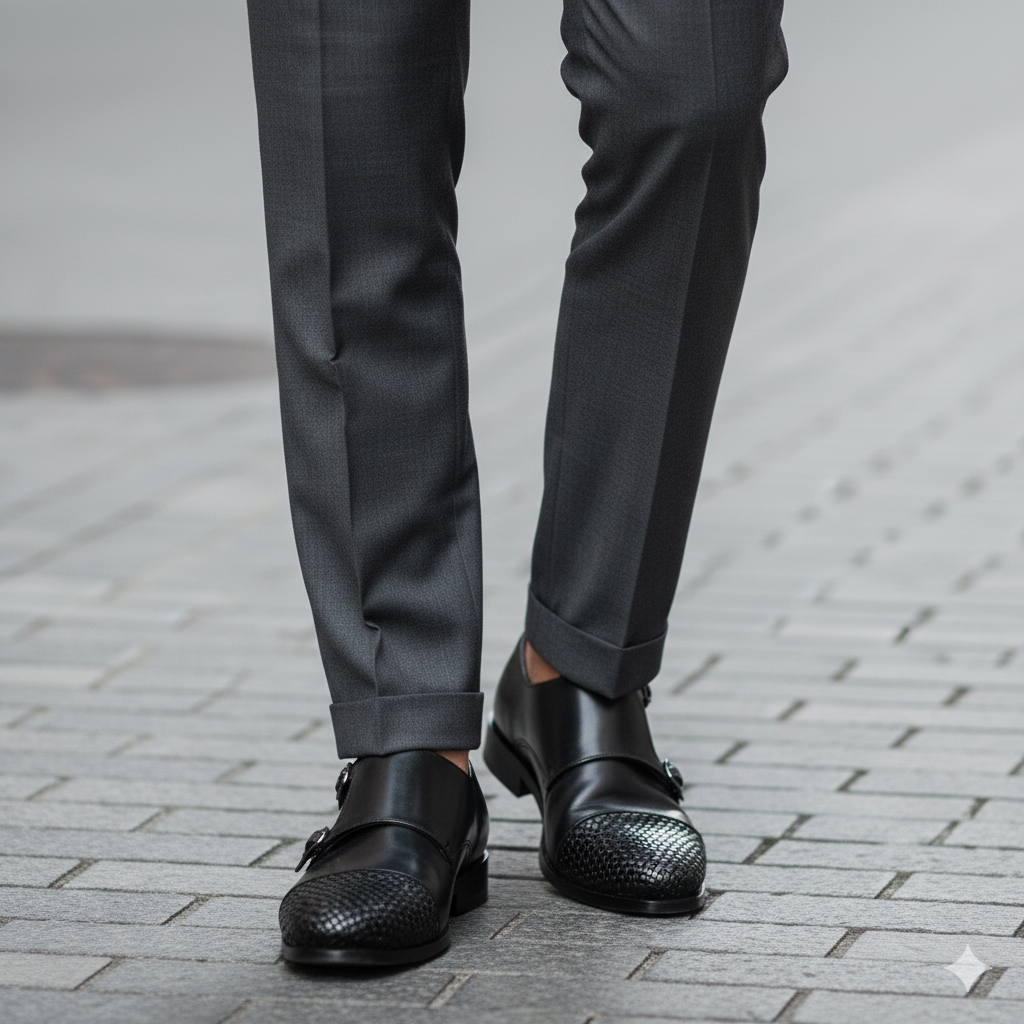 Double Monk Woven Leather Cap Toe Black Shoe