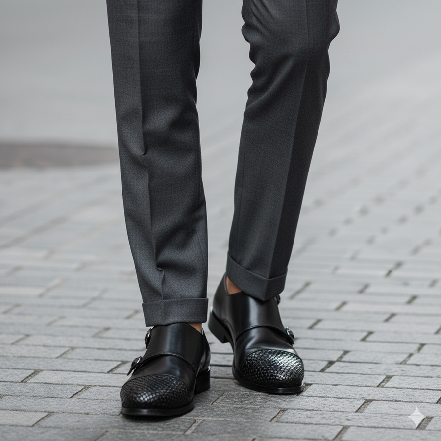 Double Monk Woven Leather Cap Toe Black Shoe