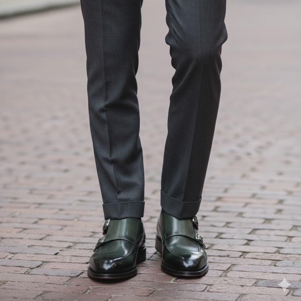 Men Cap Toe Double Strap Green Monk Shoe
