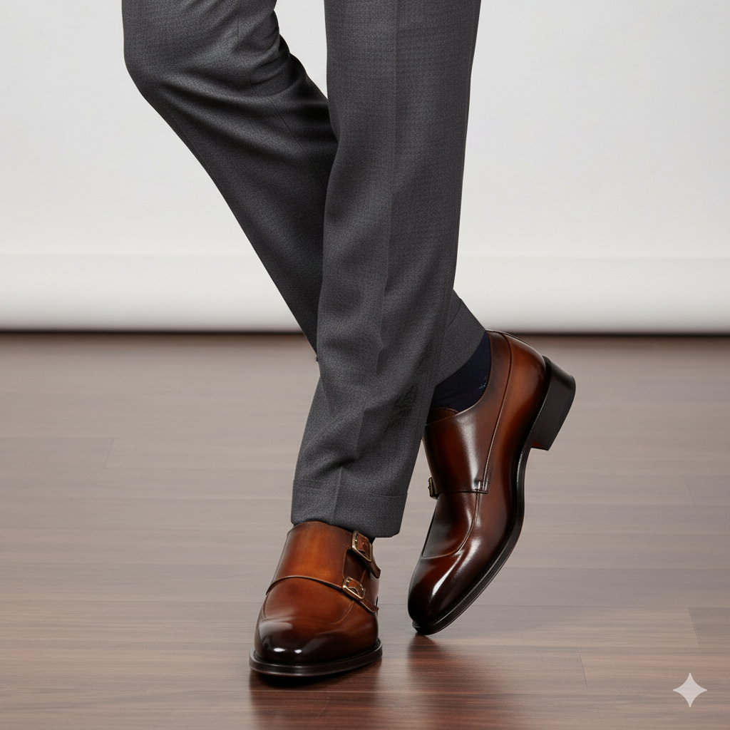 Men Cap Toe Double Strap Brown Monk Shoe