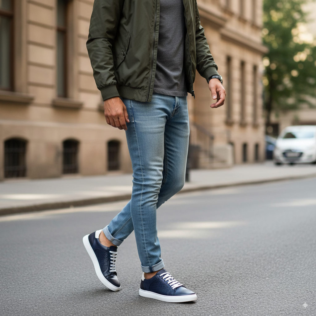 Men's Casual Trainer In Woven Leather Blue Colour