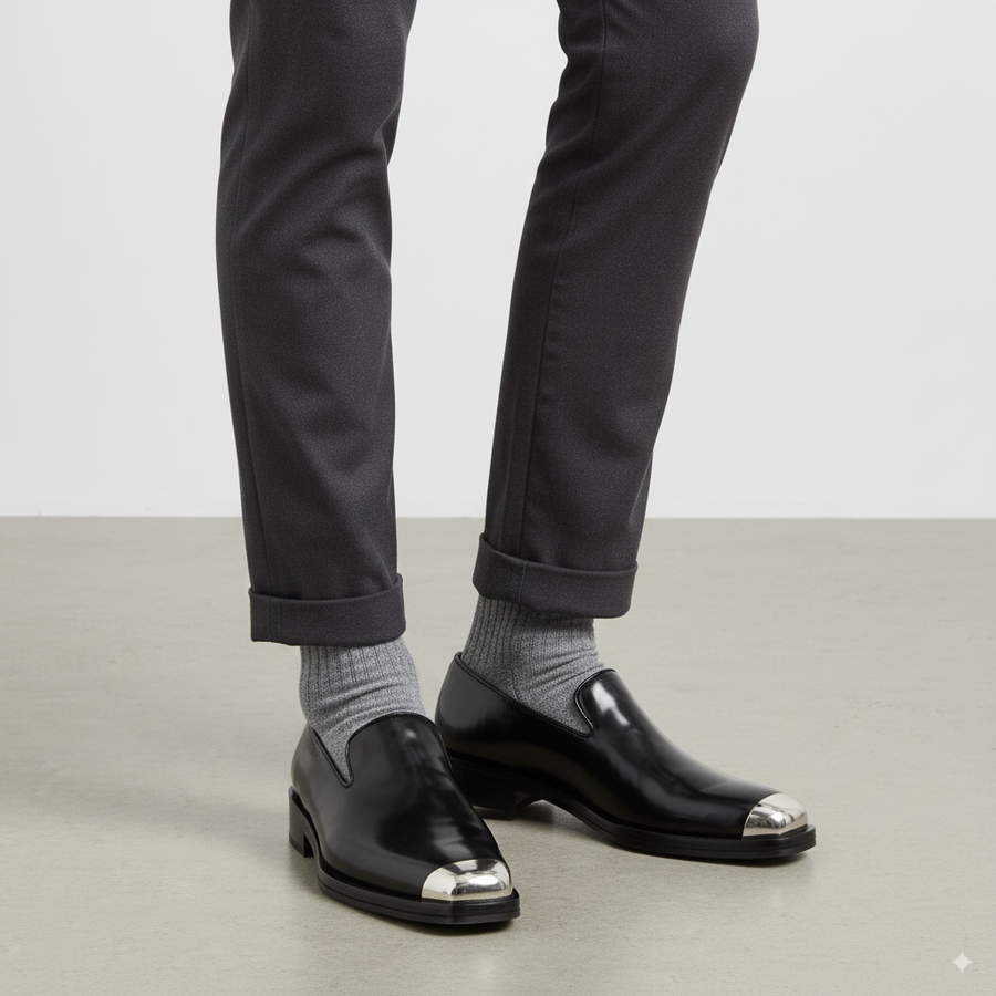 Men Silver Toe Solid Leather Loafers
