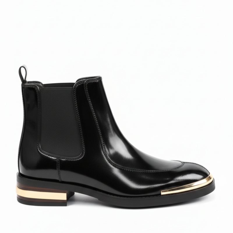 Italian Gloss Chelsea Ankle Boots with Gold Accent