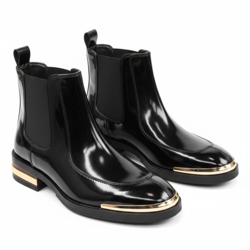Italian Gloss Chelsea Ankle Boots with Gold Accent