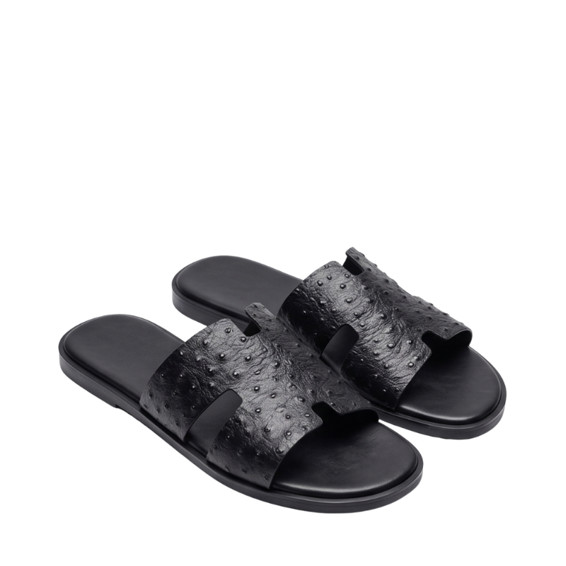H Cut Ostrich Embossed Leather Slipper