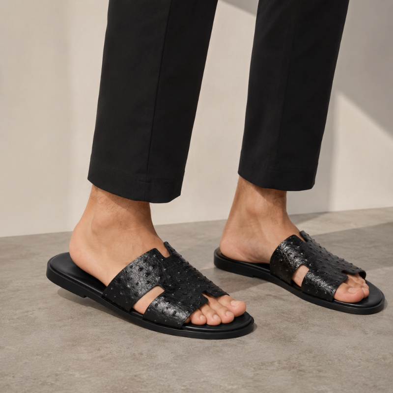 H Cut Ostrich Embossed Leather Slipper