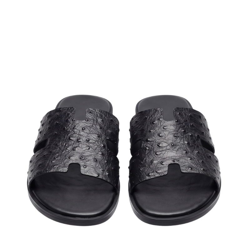 H Cut Ostrich Embossed Leather Slipper