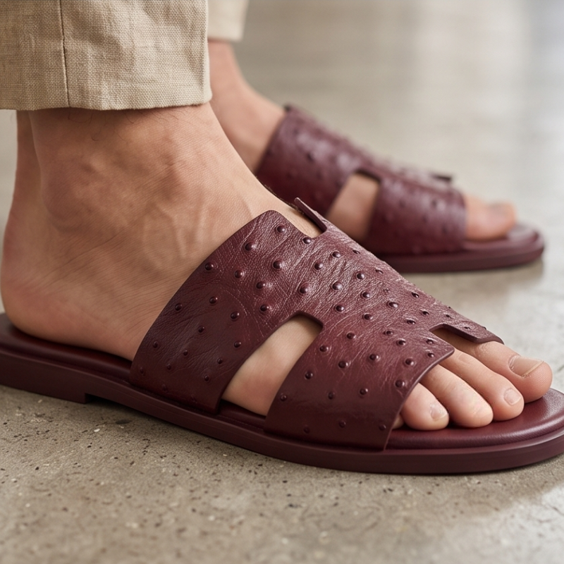 H Cut Ostrich Embossed Leather Slipper