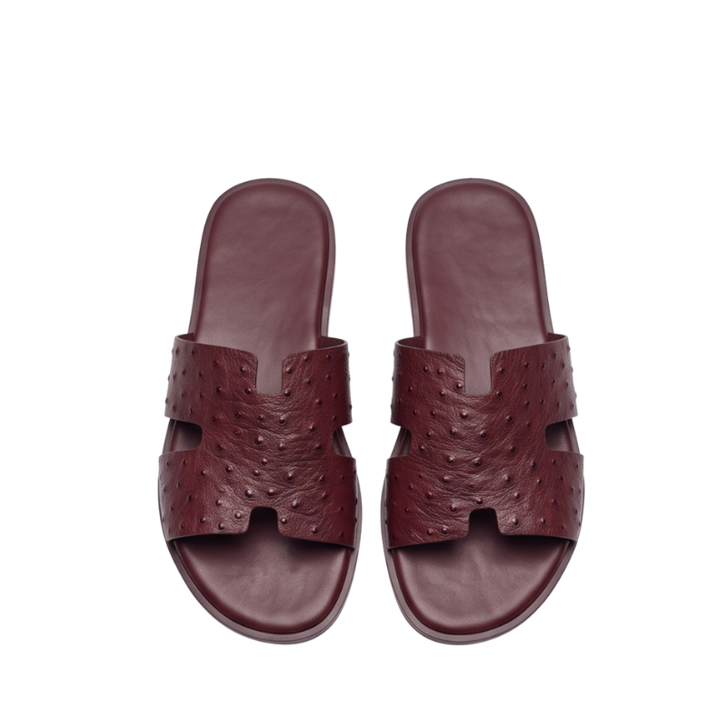 H Cut Ostrich Embossed Leather Slipper