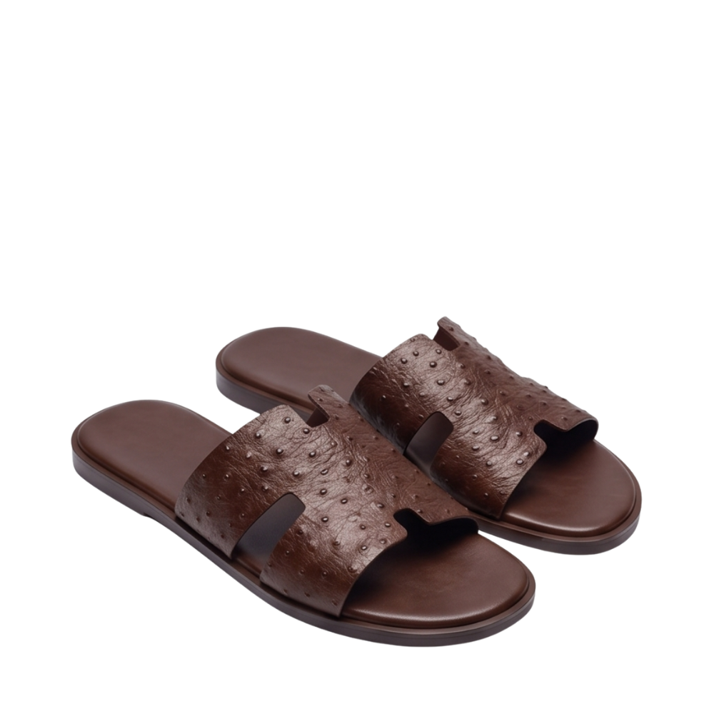 H Cut Ostrich Embossed Leather Slipper