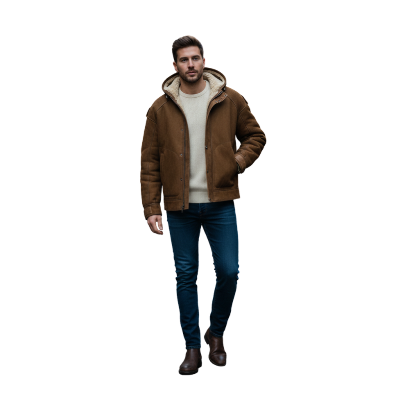 Hood Fleece Suede Warm Shearling Jacket