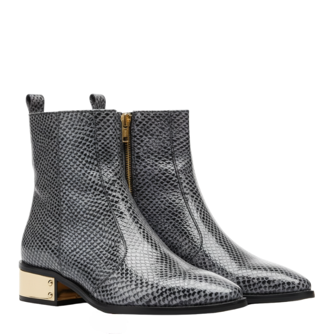 Snakeskin Textured Ankle Boots with Gold Heel Accent