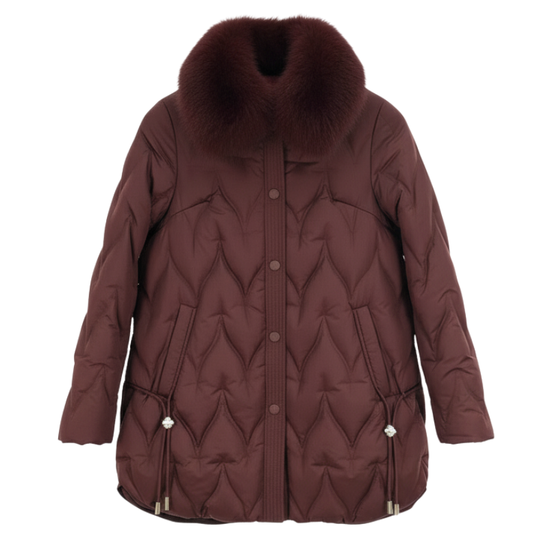 Luxe Leaf Quilted Coat with Pearl-Tipped Drawstrings