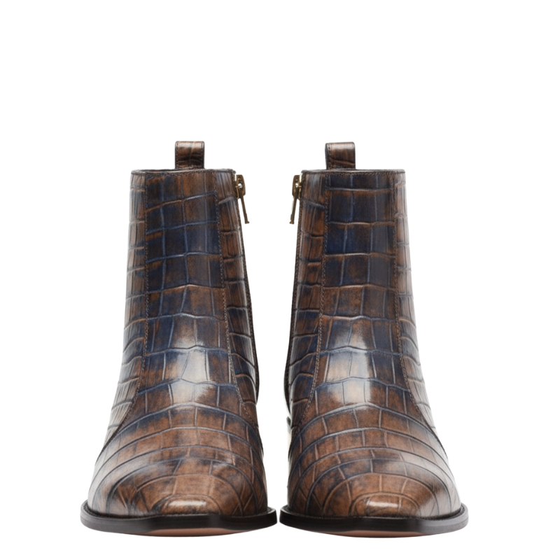 Dual-Tone Croc Embossed Ankle Boots with Gold Heel Accent
