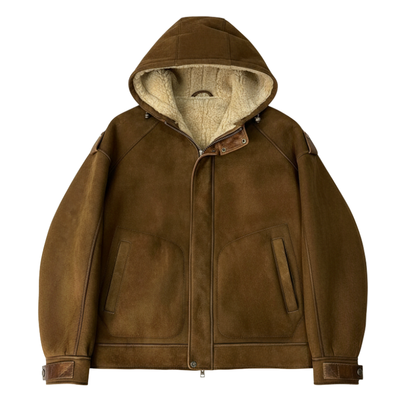 Hood Fleece Suede Warm Shearling Jacket