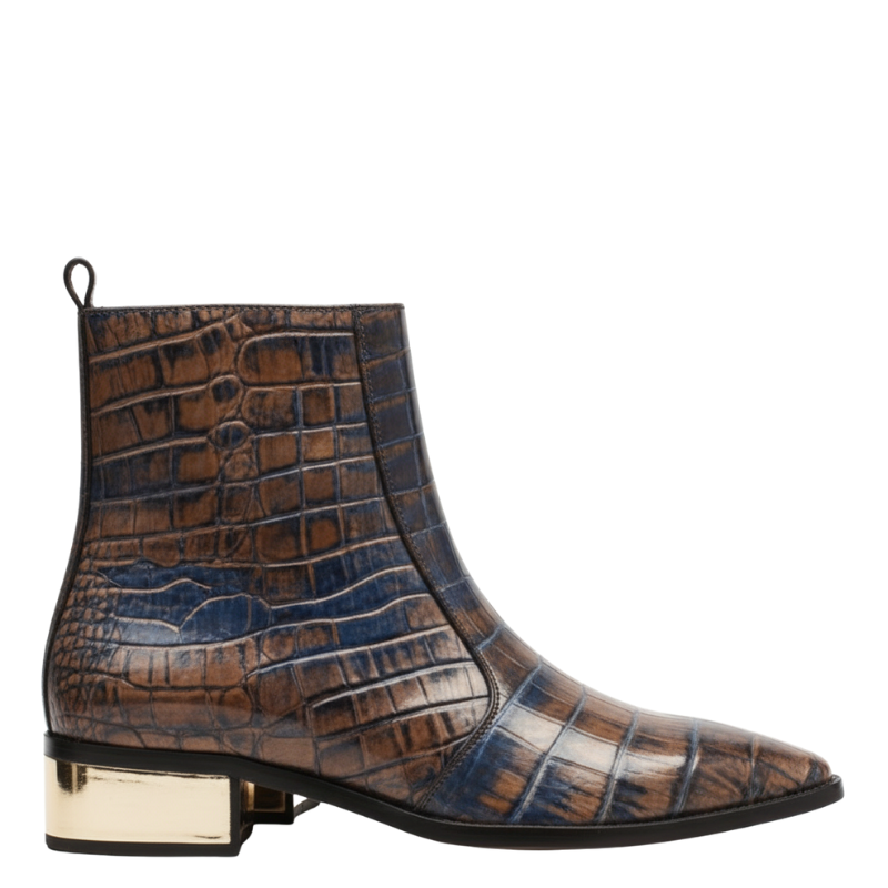 Dual-Tone Croc Embossed Ankle Boots with Gold Heel Accent