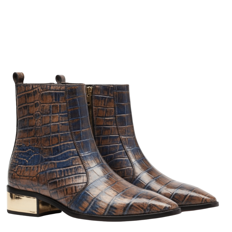 Dual Tone Croc Embossed Ankle Boots with Gold Heel Accent