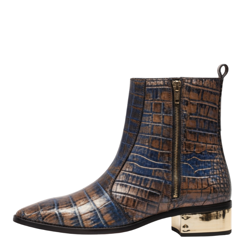 Dual-Tone Croc Embossed Ankle Boots with Gold Heel Accent