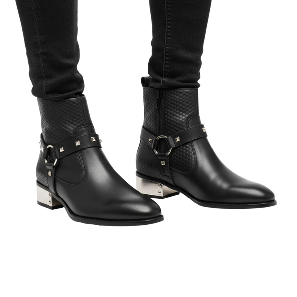 Luxury Noir Crest Studded Ankle Boots