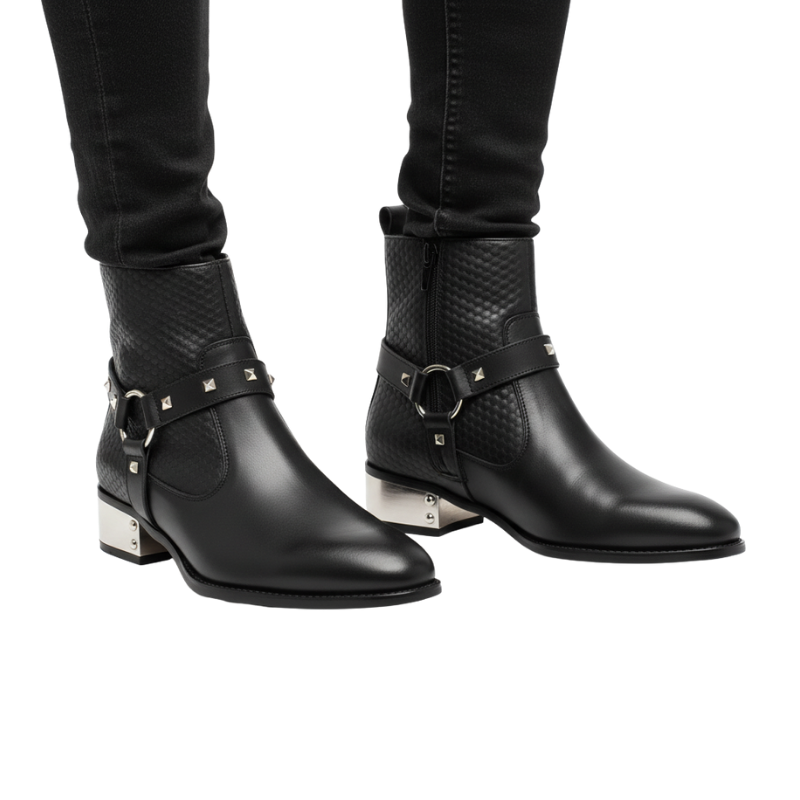 Luxury Noir Crest Studded Ankle Boots