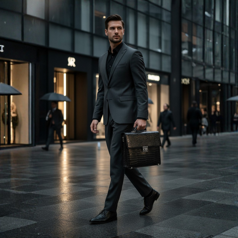 Noir Crocodile-Embossed Leather Briefcase