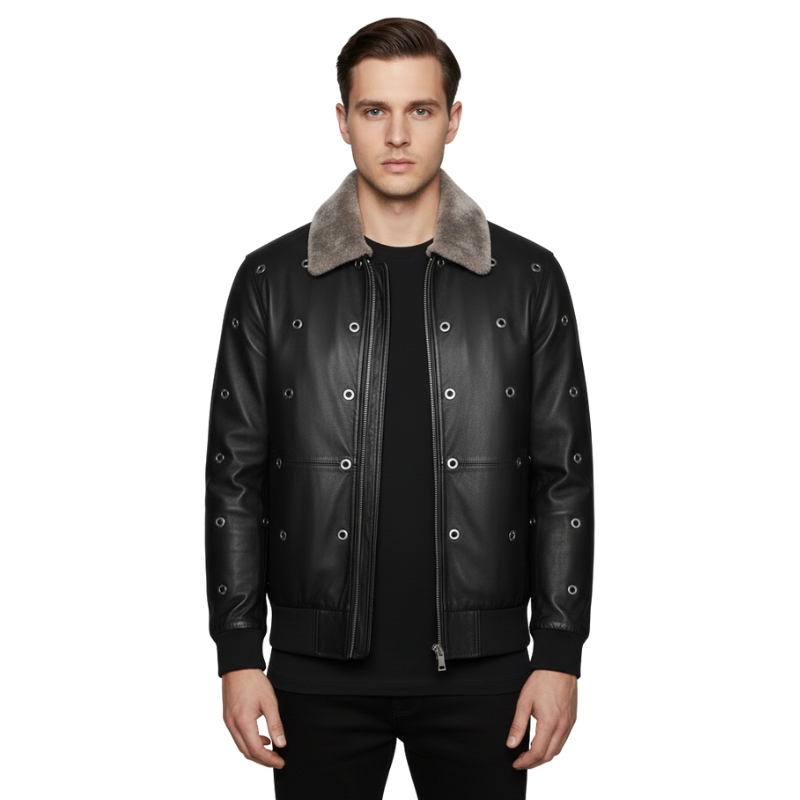 Rogue Fur-Collar Studded Leather Jacket