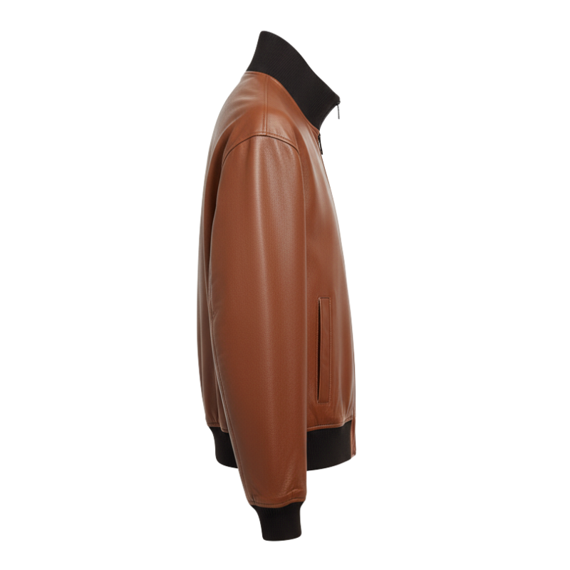 Cognac Leather Classic Bomber Jacket