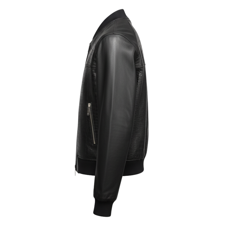 Croc-Textured Luxe Leather Bomber Jacket