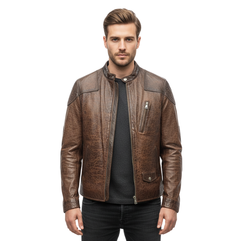 Old-Town Distressed Leather Biker Jacket