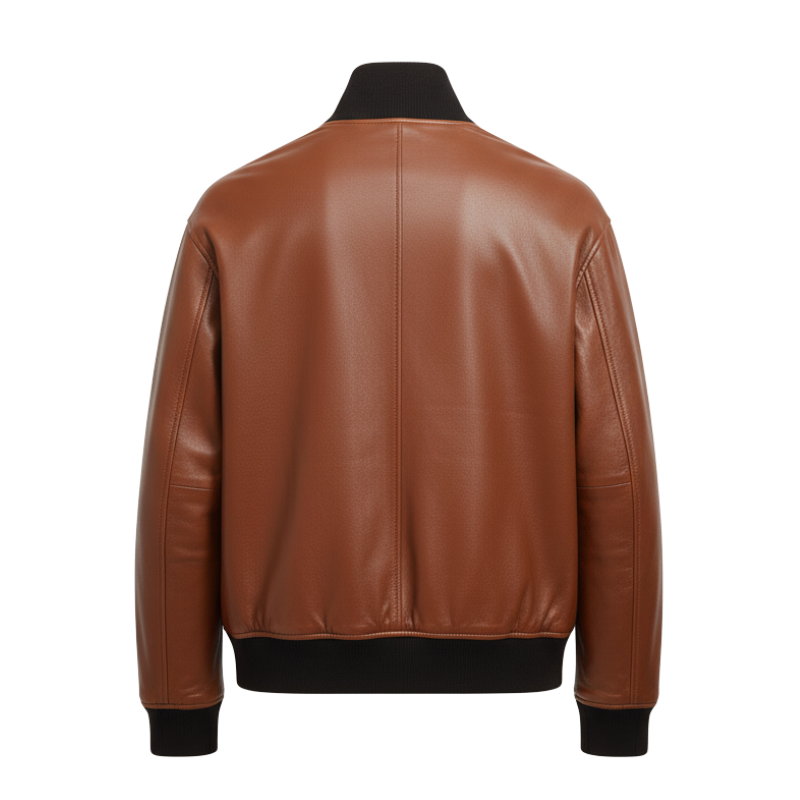 Cognac Leather Classic Bomber Jacket