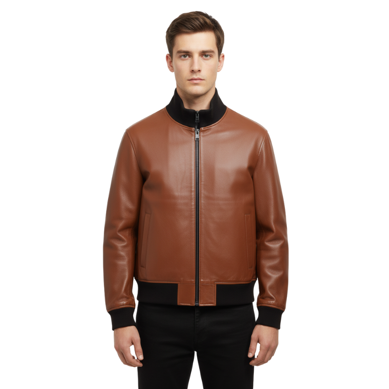 Cognac Leather Classic Bomber Jacket