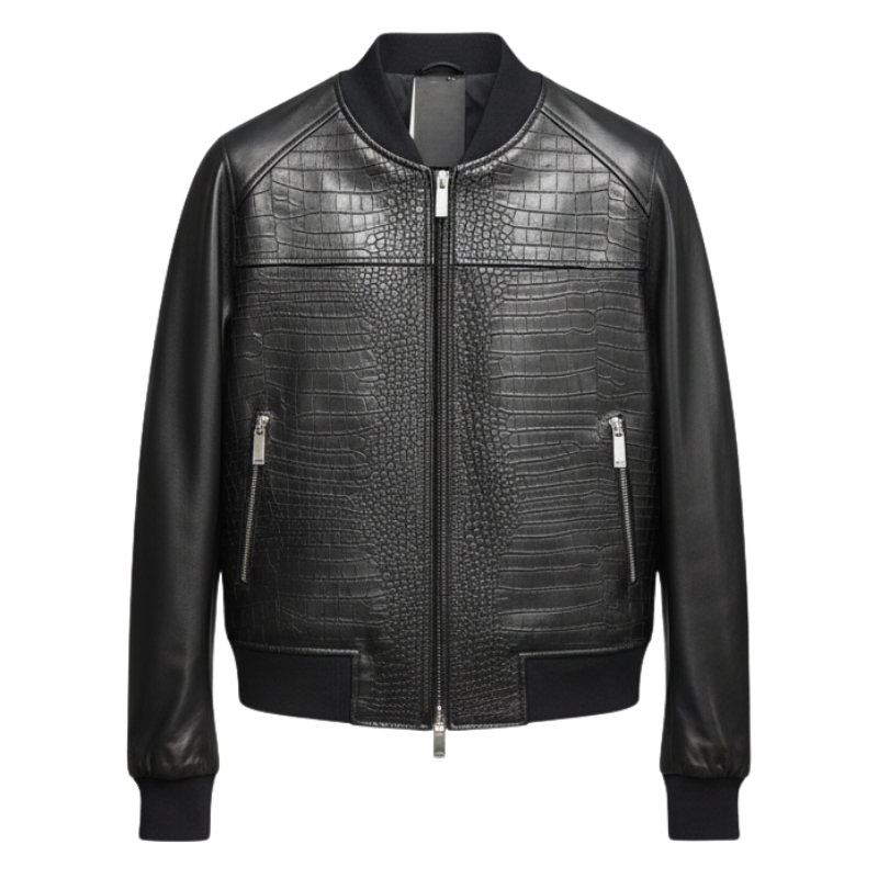 Croc-Textured Luxe Leather Bomber Jacket