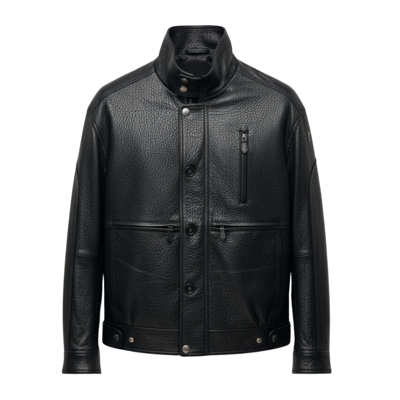 Obsidian High-Neck Pebbled Leather Jacket