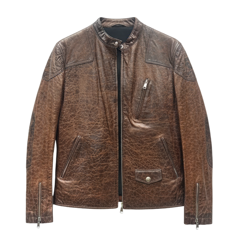 Old-Town Distressed Leather Biker Jacket