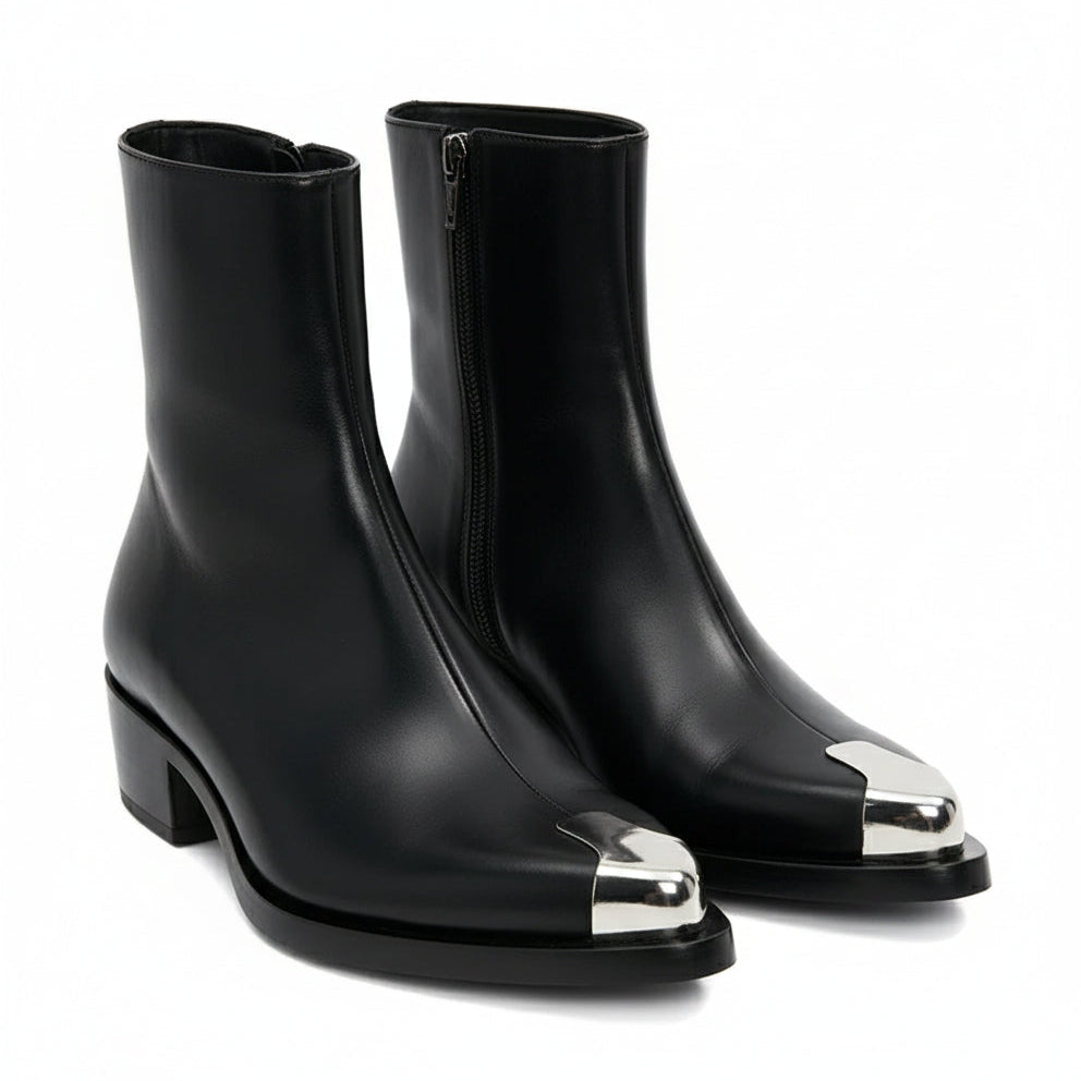 Punk Leather Boots Silver Toe