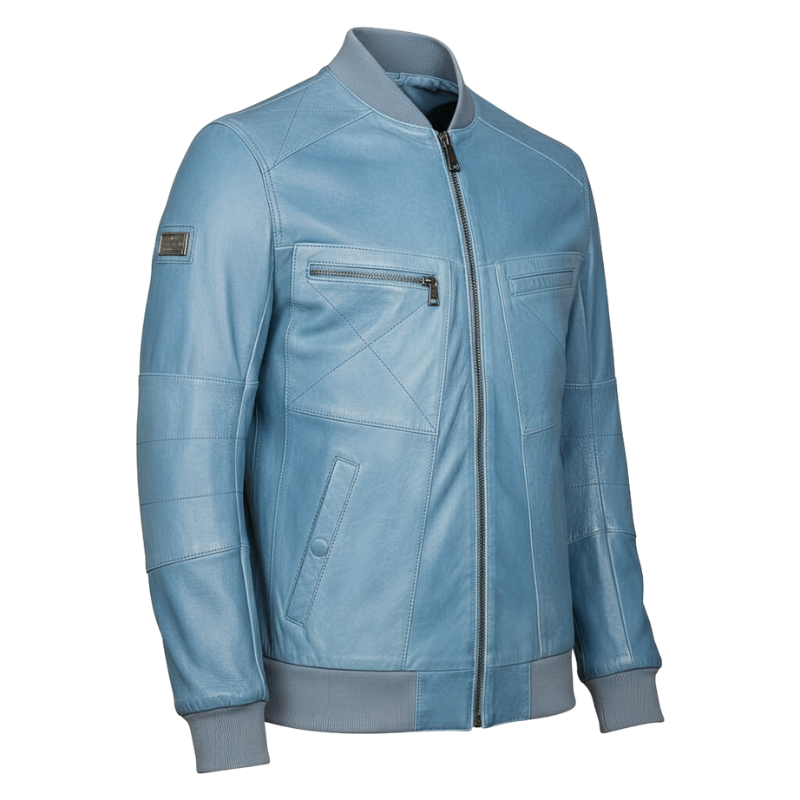 Arctic Sky Luxe Leather Bomber Jacket